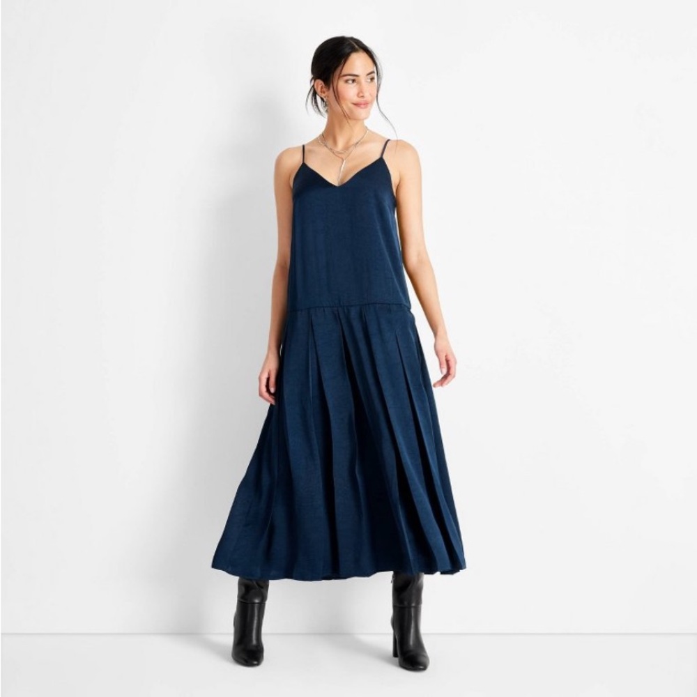 Sleeveless Drop Waist PleatedAnkle Dress Future Collective Navy Blue NWT